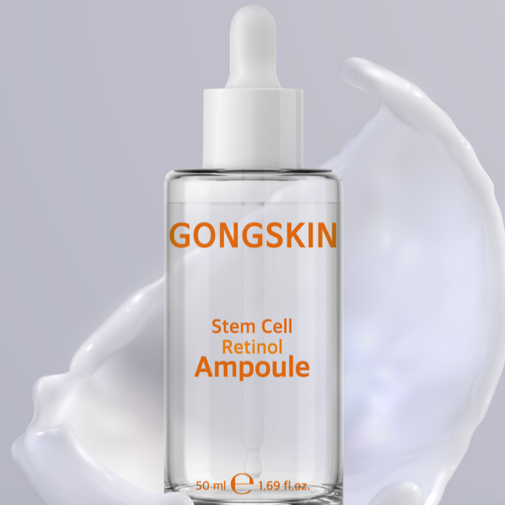 GONGSKIN Stem Cell Retinol Ampoule 50ml de marque GONGSKIN, flacon sur fond clair avec texture crème blanche (image produit)