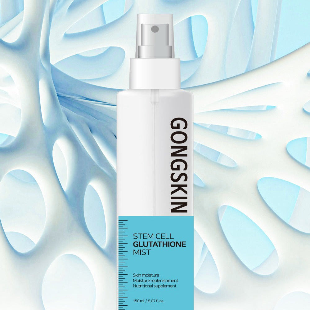 GONGSKIN Stem Cell Glutathione Mist 150ml, hydratation et supplément nutritionnel, design élégant avec fond cellulaire blanc et bleu.