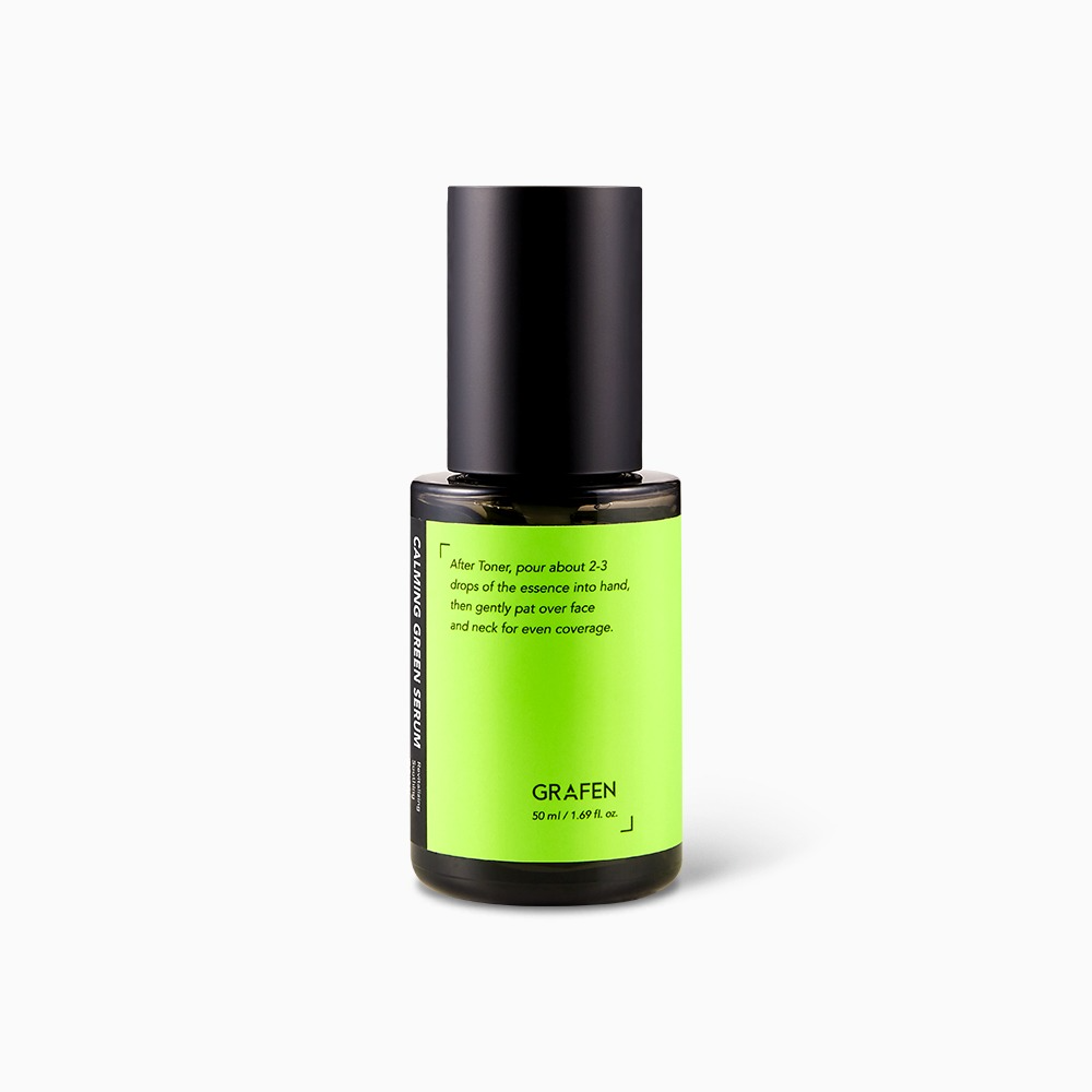 GRAFEN Calming Green Serum 50ml : sérum vert apaisant sur fond clair, bouteille stylée, marque GRAFEN