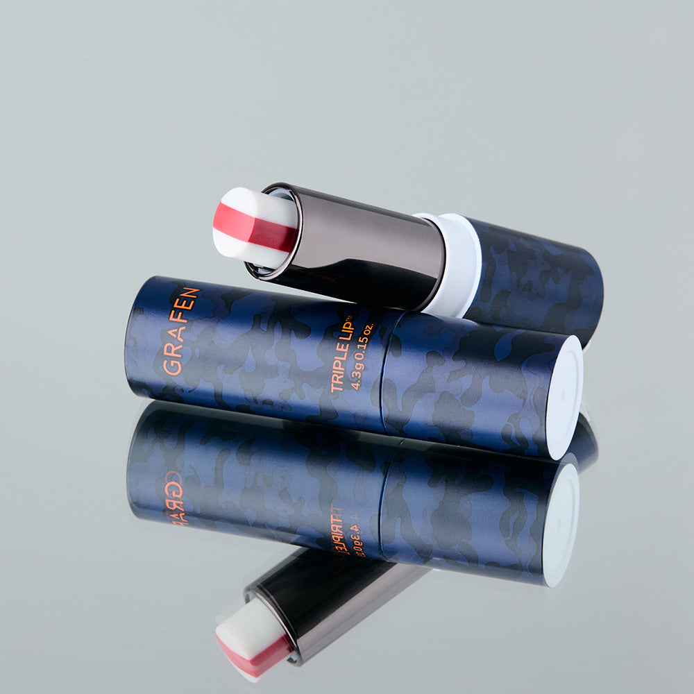 GRAFEN Triple Lip™ Handsome Lip 4.3g, packaging bleu et blanc sur fond clair, flacon et tube en gros plan.