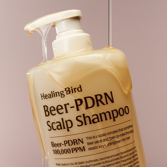HEALING BIRD Beer PDRN Anti-Hair Loss Shampoo 1000ml, flacon HealingBird sur fond studio, étiquette lisible.