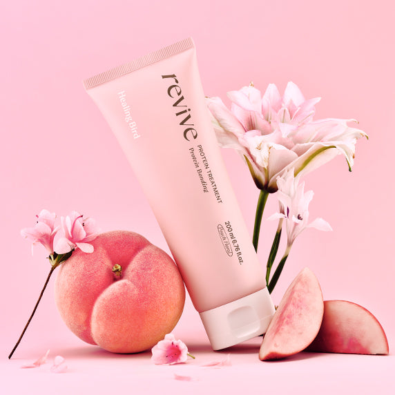 HEALING BIRD Revive Protein Treatment 200 ml – tube rose avec pêche et fleurs – détail n° 1