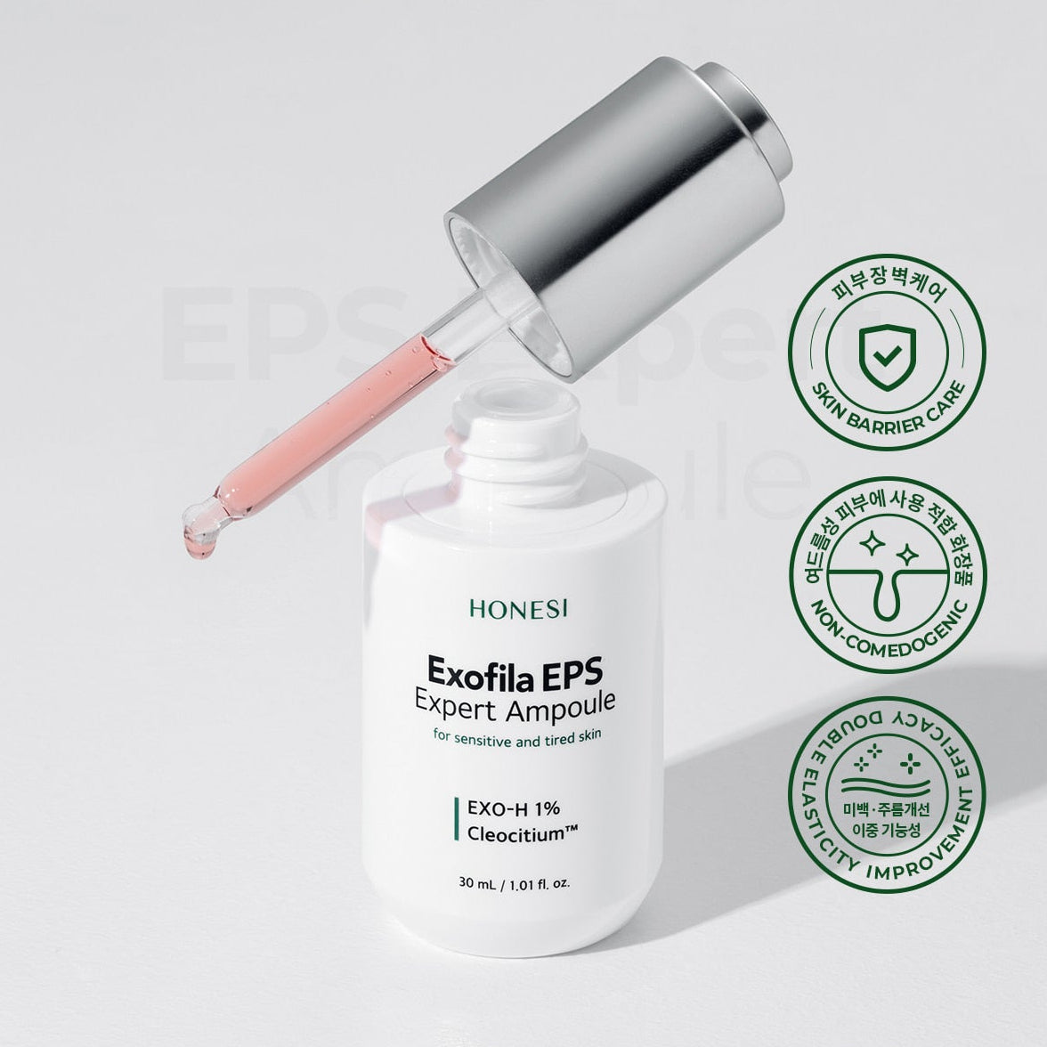 HONESI Exophila EPS Expert Ampoule 30ml : flacon blanc et sérum rosé, sur fond clair, pictogrammes marque HONESI.