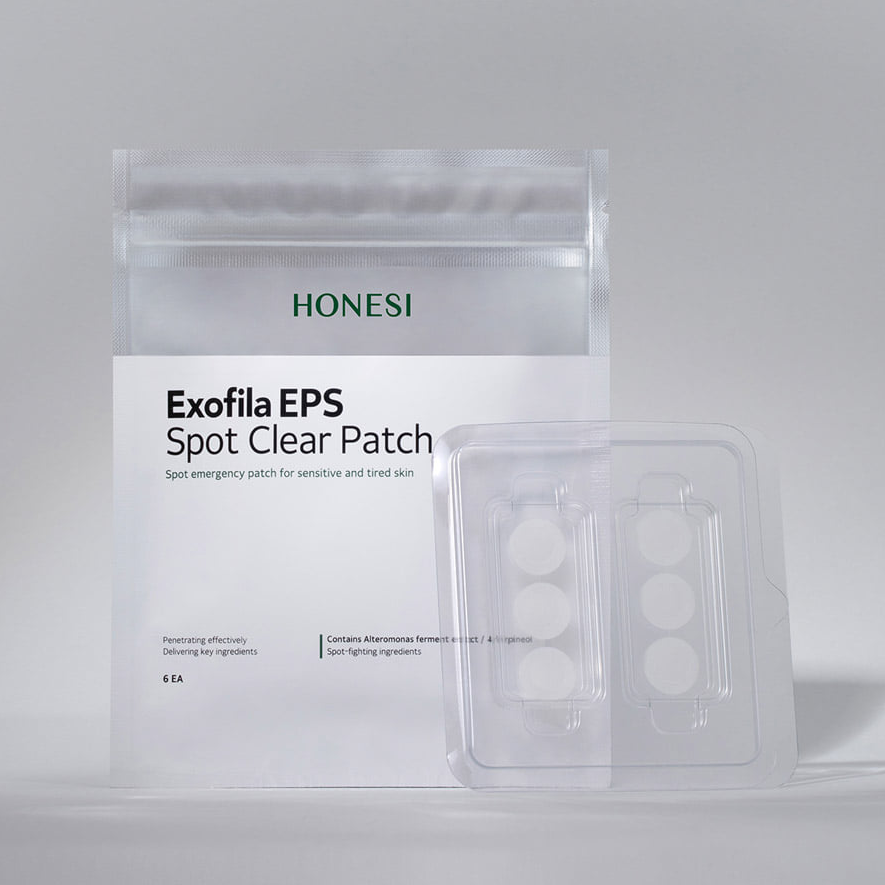 HONESI Exophila EPS Spot Clear Patch (6 sheets) : patchs transparents sur fond clair, visuel produit en pack