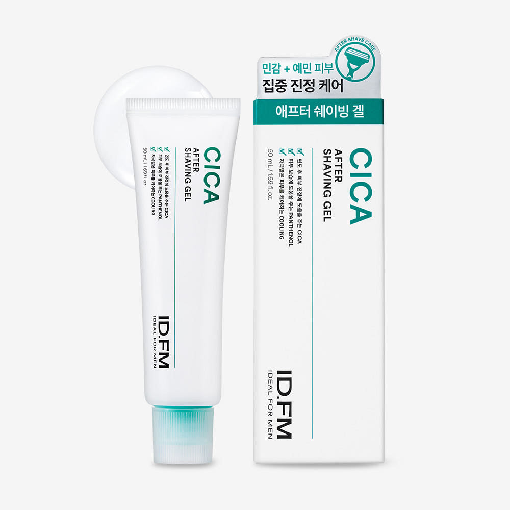 IDEAL FOR MEN Cica After Shave Gel 50ml, gel après-rasage anti-irritation, tube et boîte, sur fond clair, produit face.