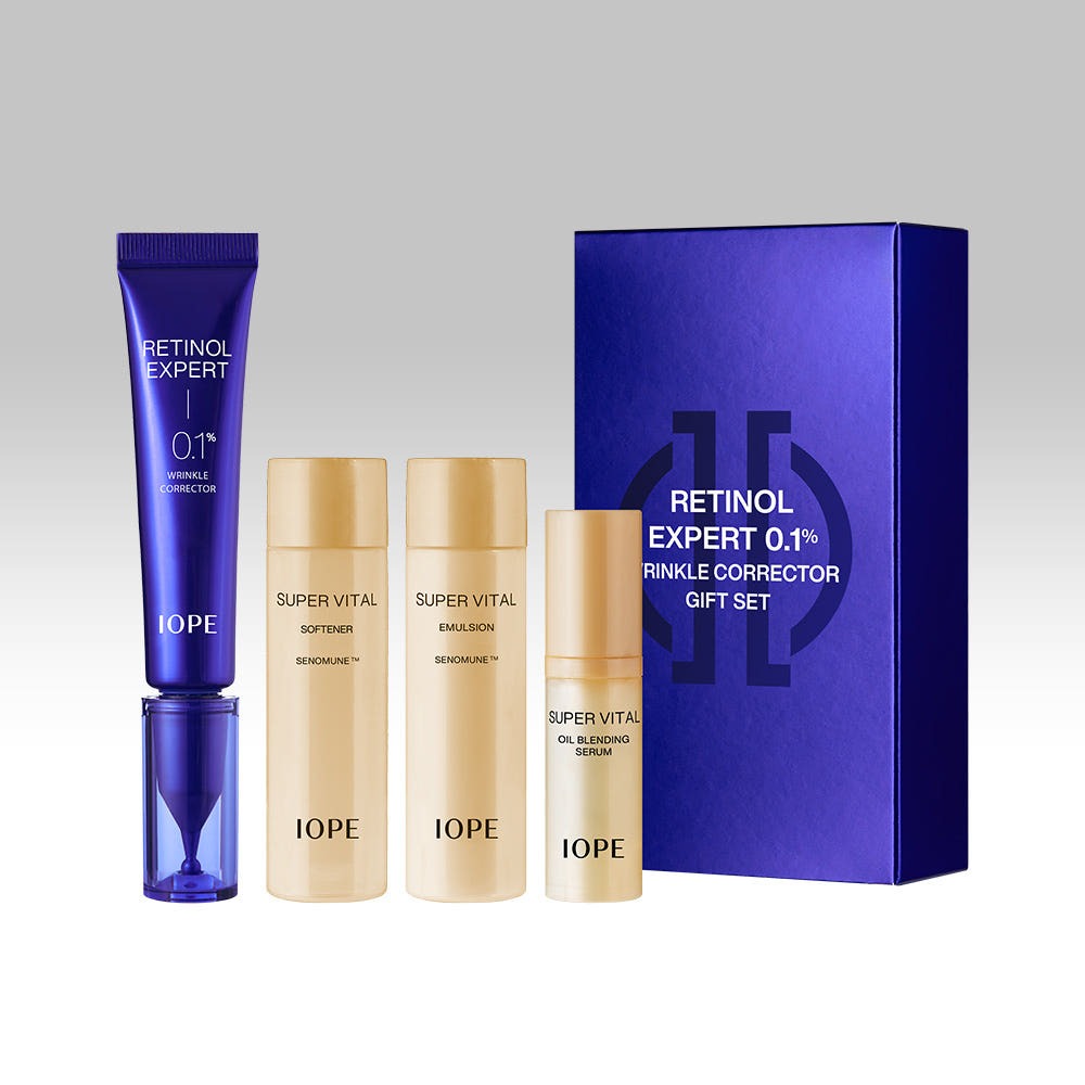 IOPE Retinol Expert 0.1% Wrinkle Corrector 30ml Set, coffret et tubes crème anti-âge sur fond clair, style produit.