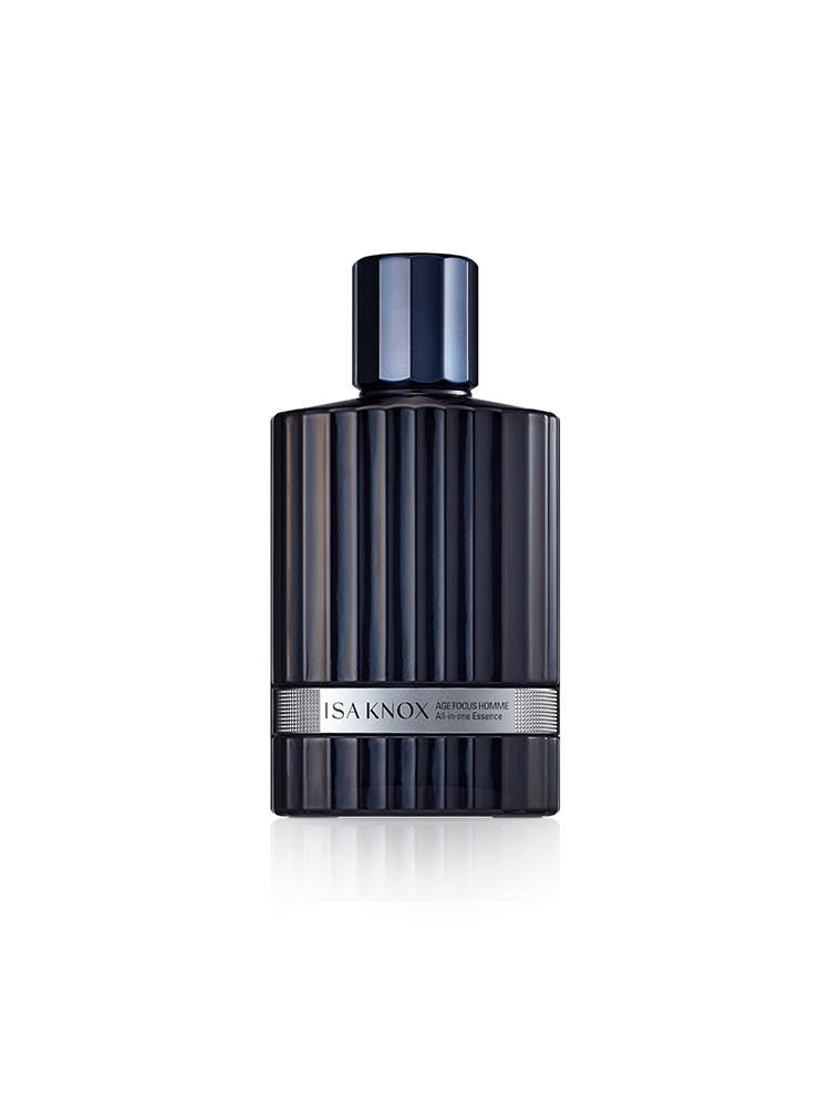 ISAKNOX Age Focus Homme All-in-One Essence 120ml, flacon bleu sur fond blanc, produit soins visage homme
