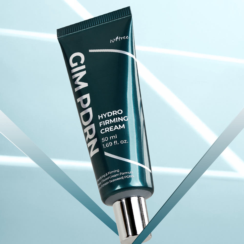 ISNTREE Kim PDRN Hydro Firming Cream 50ml, tube crème sur fond bleu géométrique, marque ISNTREE en évidence