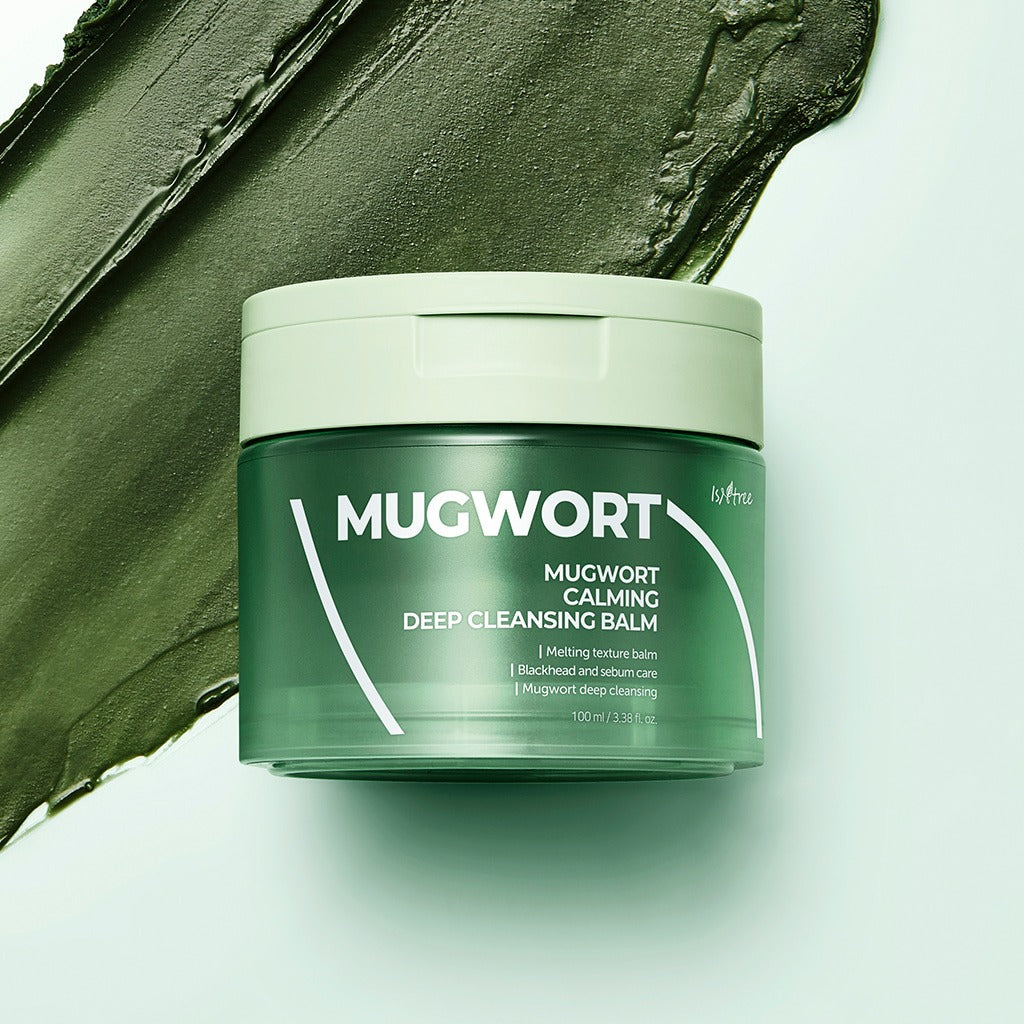 ISNTREE Mugwort Calming Deep Cleansing Balm 100g, pot vert sur fond clair, texture verte façon baume nettoyant.