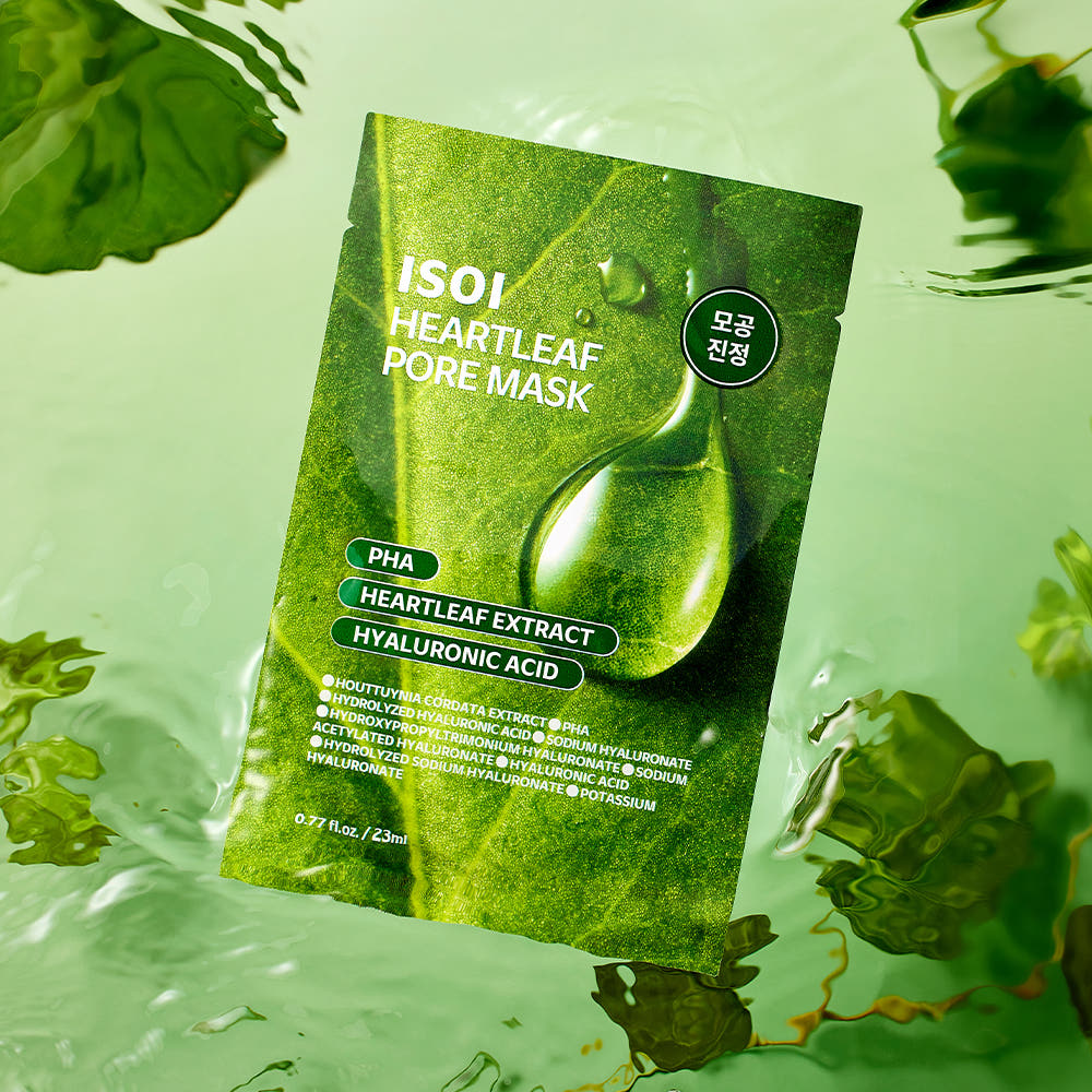 ISOI Houttuynia Cordata Pore Mask 23ml 1 Sheet de la marque ISOI, masque feuille vert sur fond vert feuillages