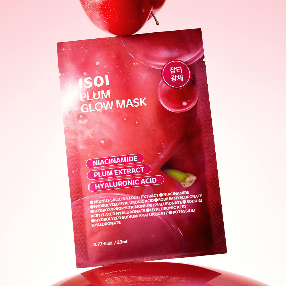 ISOI Plum Glow Mask 23ml 1 Sheet, masque visage en feuille, marque ISOI, packaging rouge avec gouttes et baies sur fond clair.