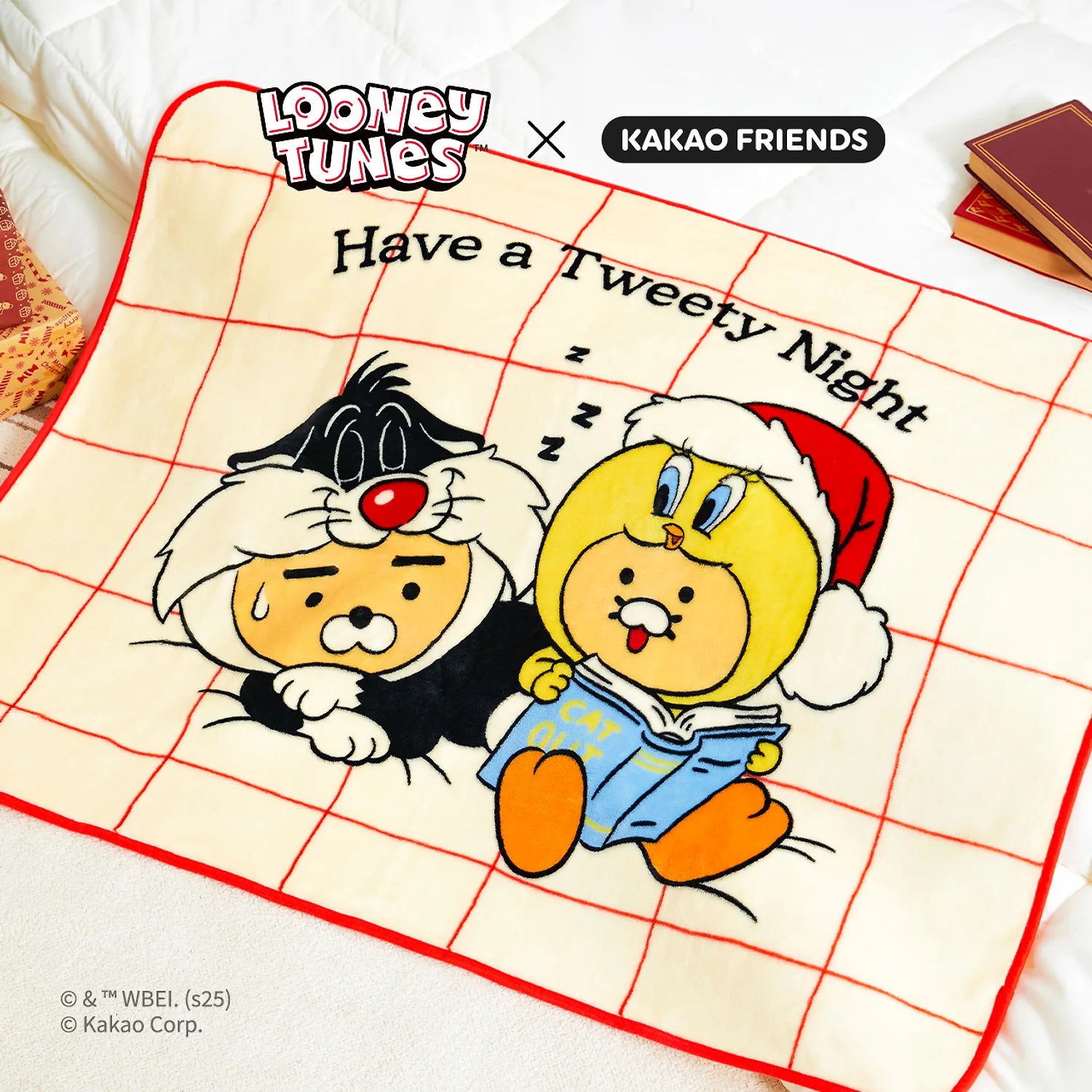 KAKAO FRIENDS Looney Tunes X Friends Blanket Little Ryan & Baby Chunsik : couverture avec Looney Tunes sur tissu