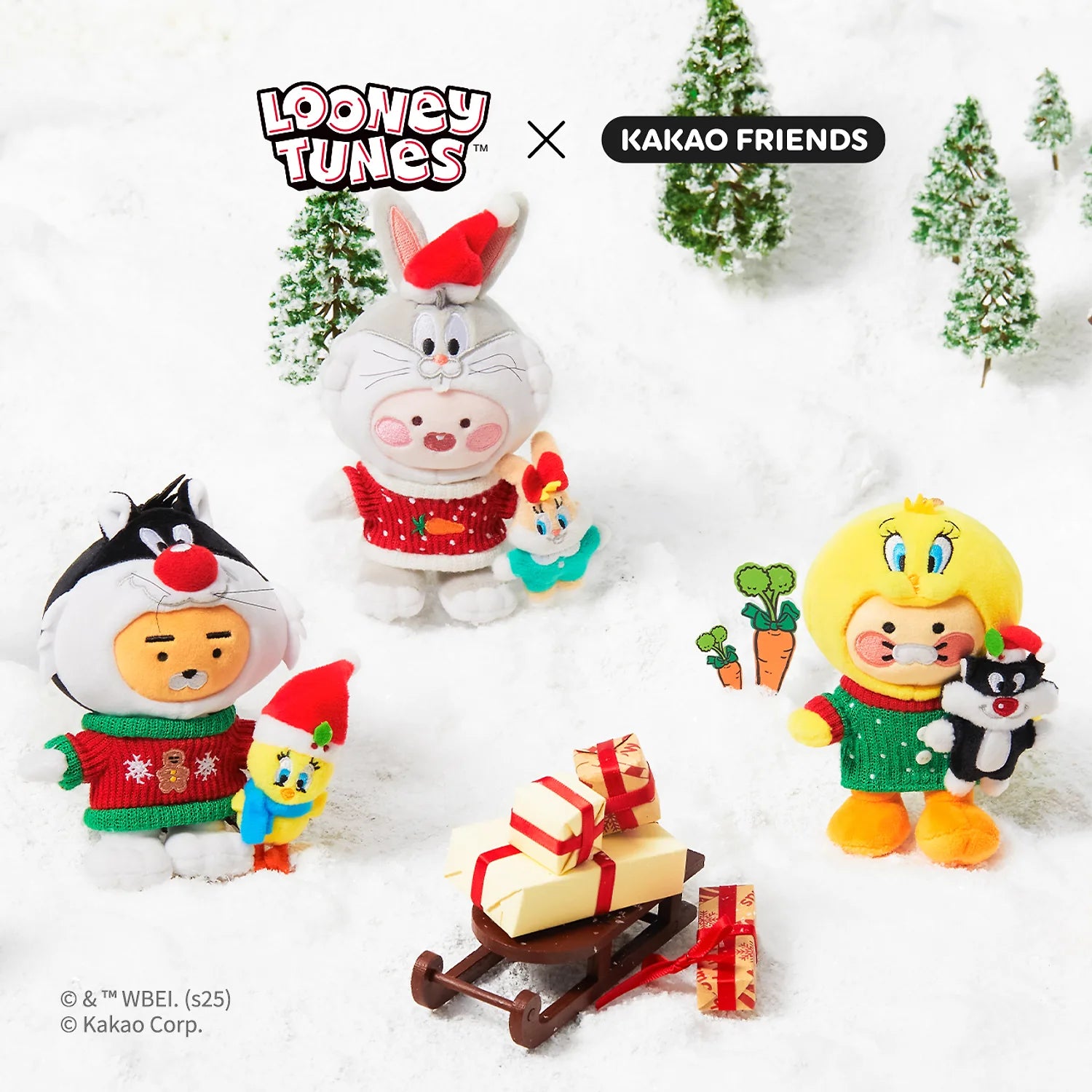 KAKAO FRIENDS Looney Tunes X Friends Bugs Bunny Keychain Doll Little Apeach : figurine porte-clés sur neige, décor sapins