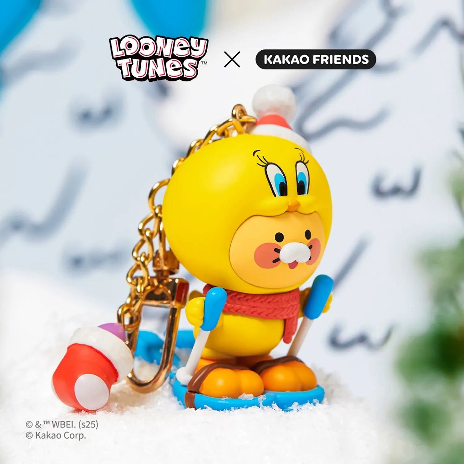KAKAO FRIENDS Looney Tunes X Friends Ski Tweety Figure Keychain Baby Chunsik : Tweety sur la neige, porte-clés.
