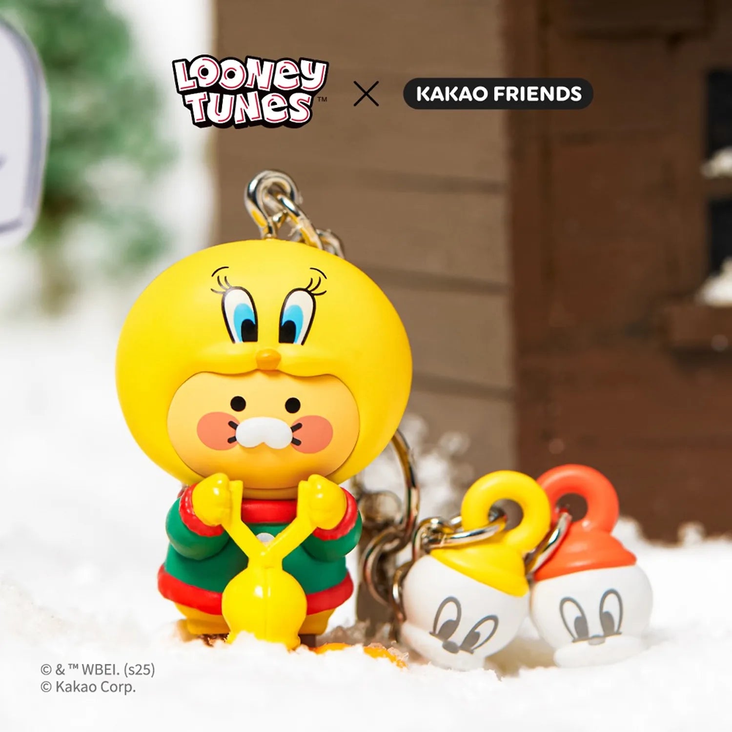 KAKAO FRIENDS Looney Tunes X Friends Snow Duck Tweety Figure Keychain Baby Chunsik, figurine jaune en neige