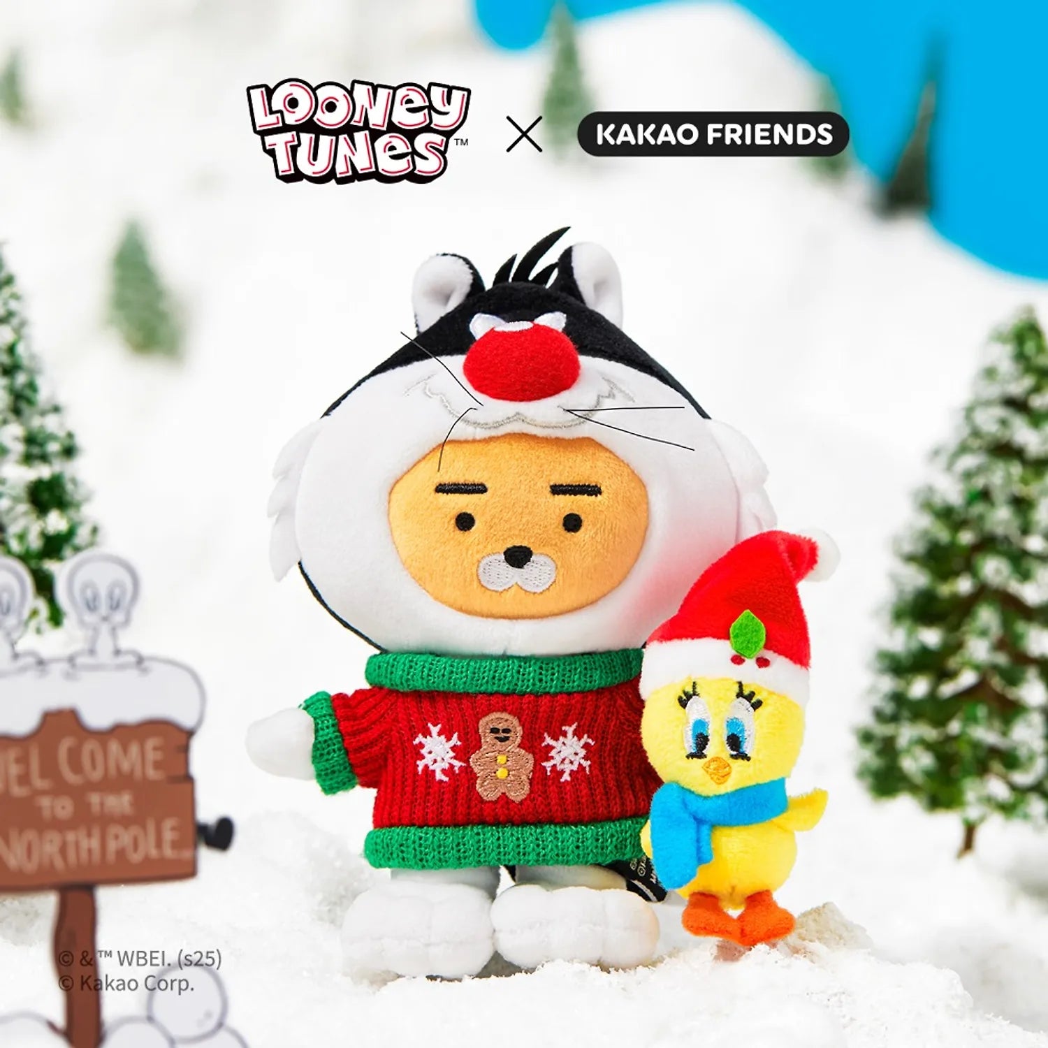 KAKAO FRIENDS Looney Tunes X Friends Sylvester Keychain Doll Little Ryan, figurine porte-clés en peluche sur neige