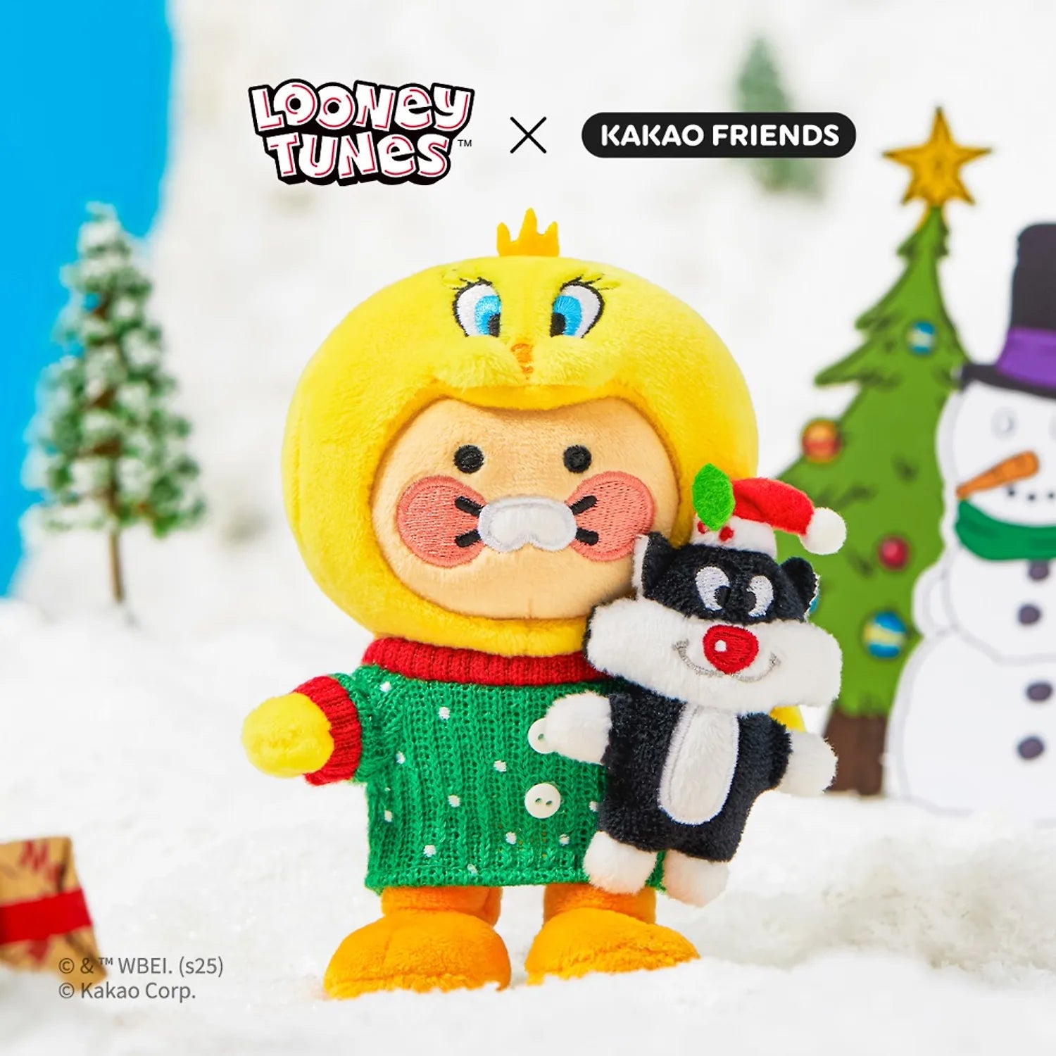 KAKAO FRIENDS Looney Tunes X Friends Tweety Keychain Doll Baby Chunsik : porte-clés Tweety mignon, décor neige, marque KAKAO FRIENDS.