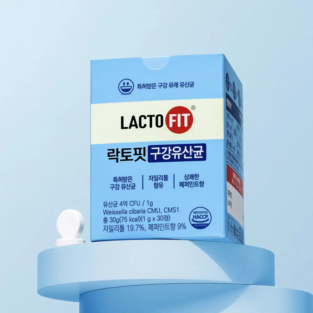 LACTO-FIT Oral Probiotics 30 Tablets (1 Month Supply) de la marque LACTO FIT sur fond bleu, boîte et comprimés