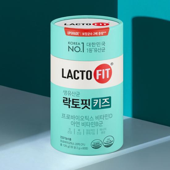 LACTO-FIT Probiotics for Kids 60 days supply : pot LACTO-FIT sur fond bleu, photo produit en studio.
