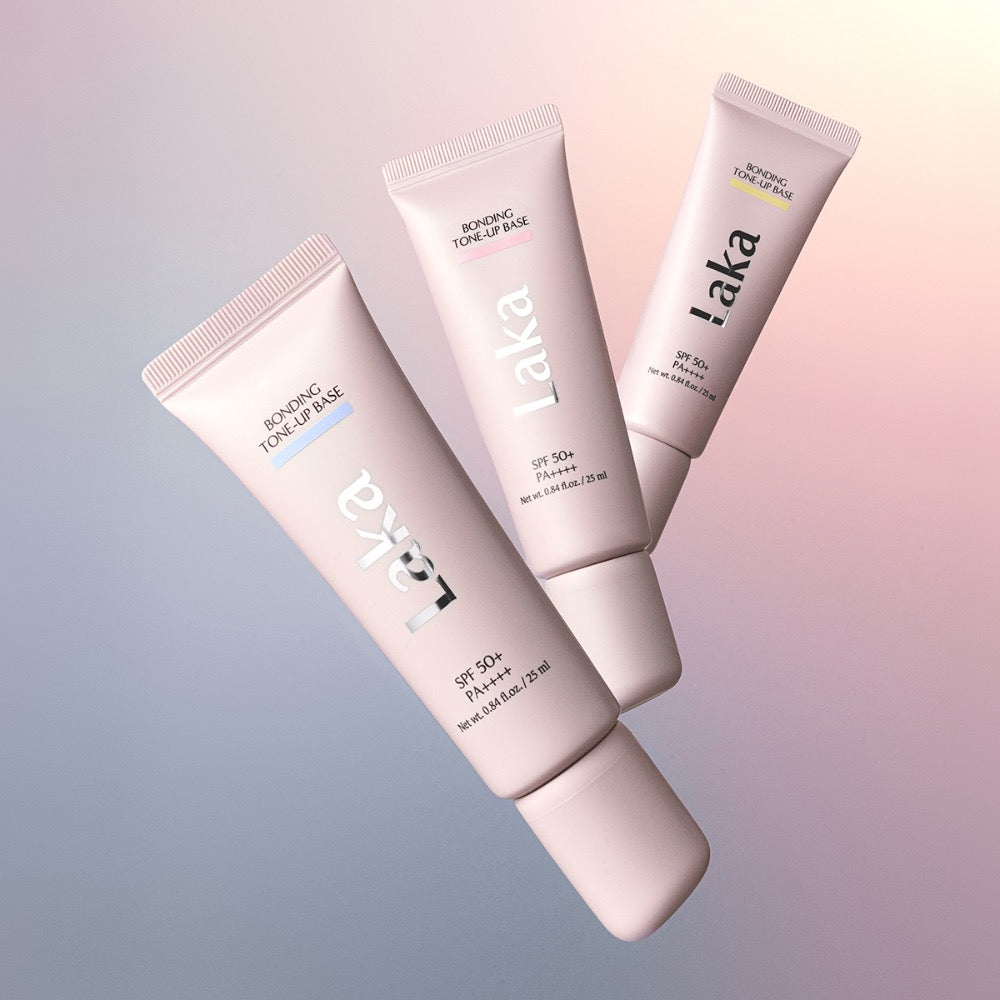 LAKA Bonding Tone-Up Base 30ml de la marque LAKA, tubes crème sur fond pastel, photo produit cosmétique.