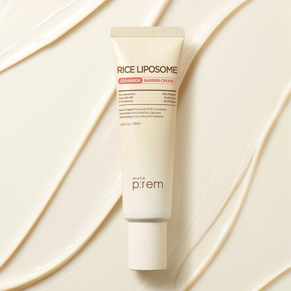 MAKE P:REM Rice Liposome Ceramide Barrier Cream 50ml de la marque MAKE P:REM, sur fond crème texturé.