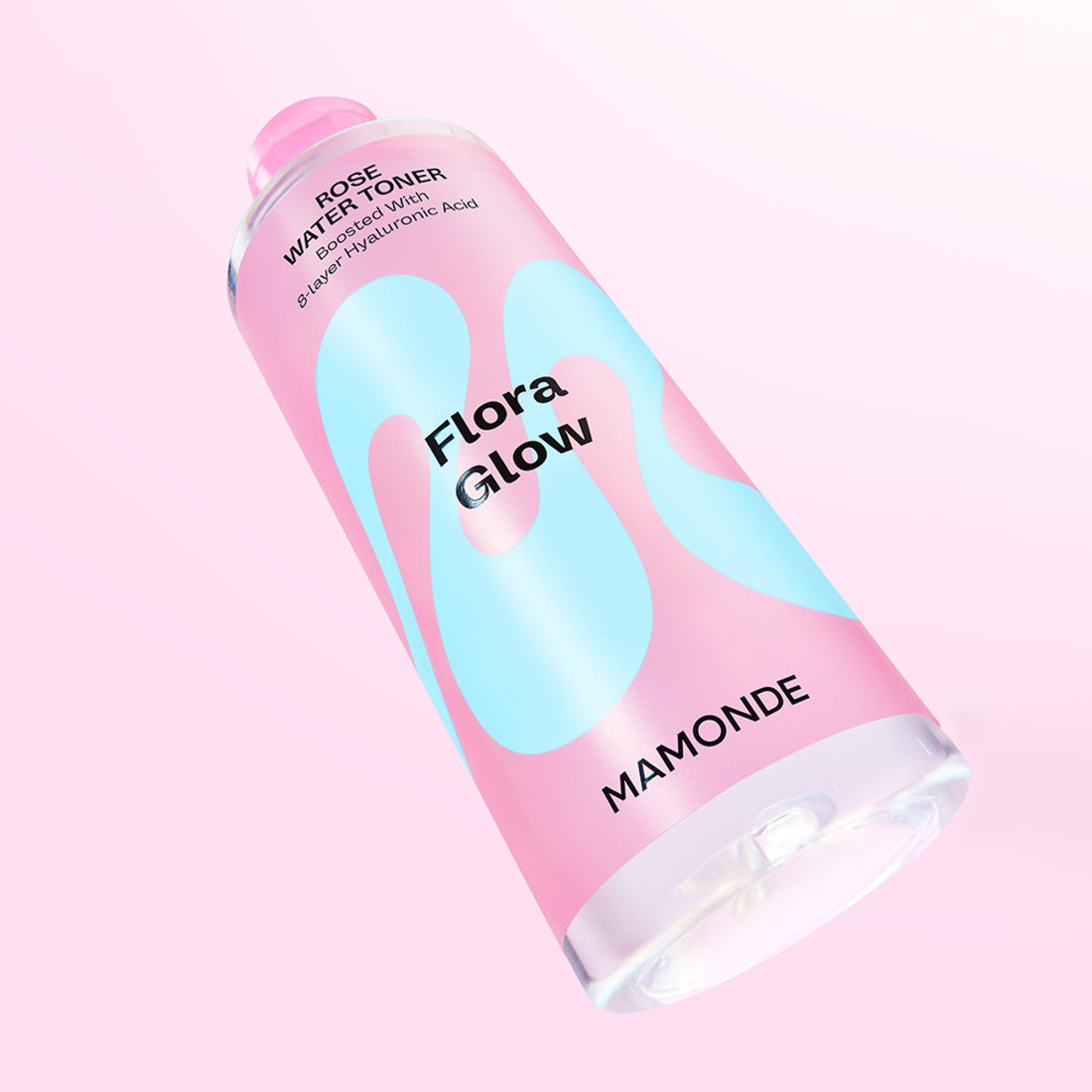 MAMONDE Flora Glow Rose Water Toner 300ml, flacon rose sur fond rose pastel, marque MAMONDE, eau florale hydratante