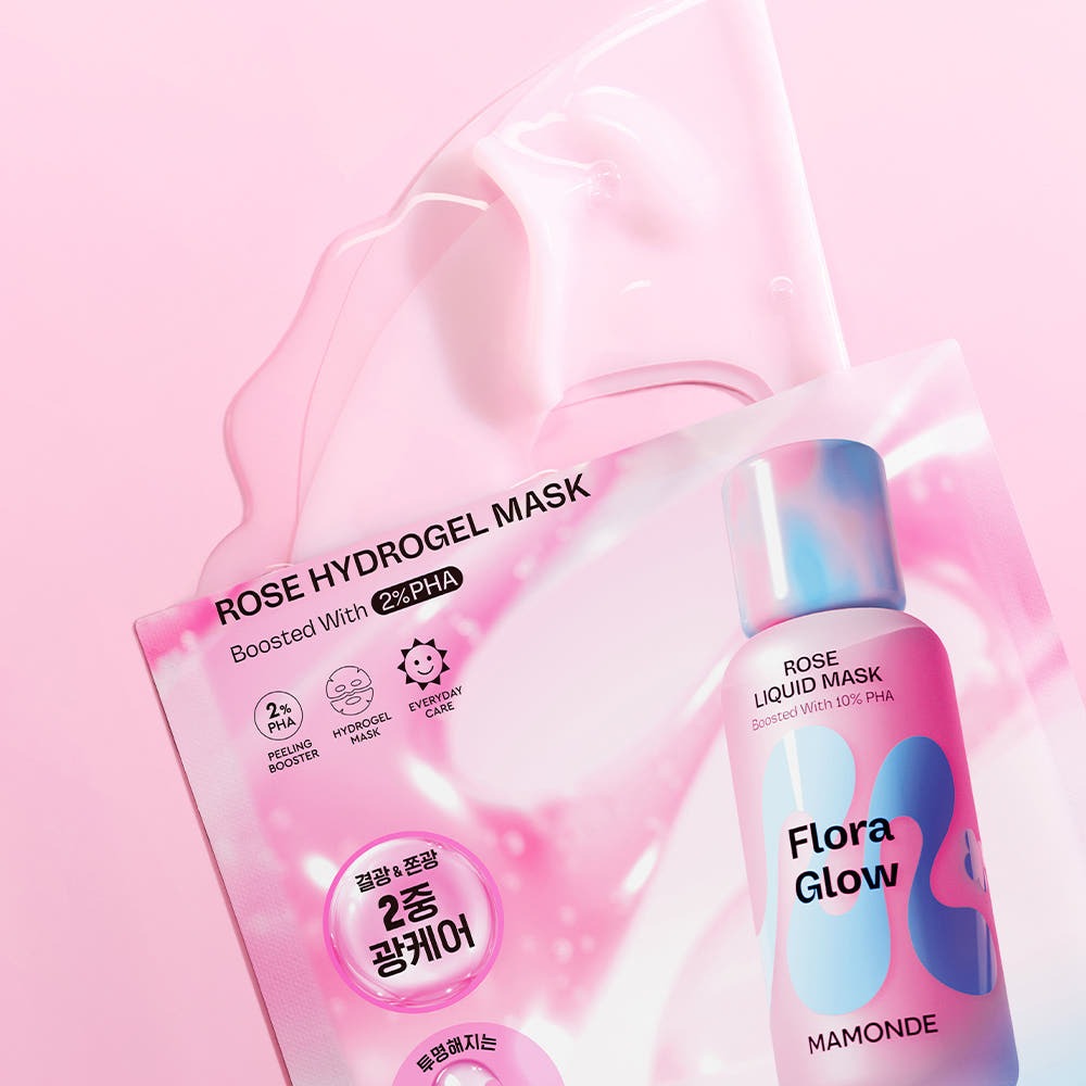 MAMONDE Flora Glow Rose Hydrogel Mask 1 sheet sur fond rose, masque hydratant visage avec du PHA pour éclat et soin intensif.