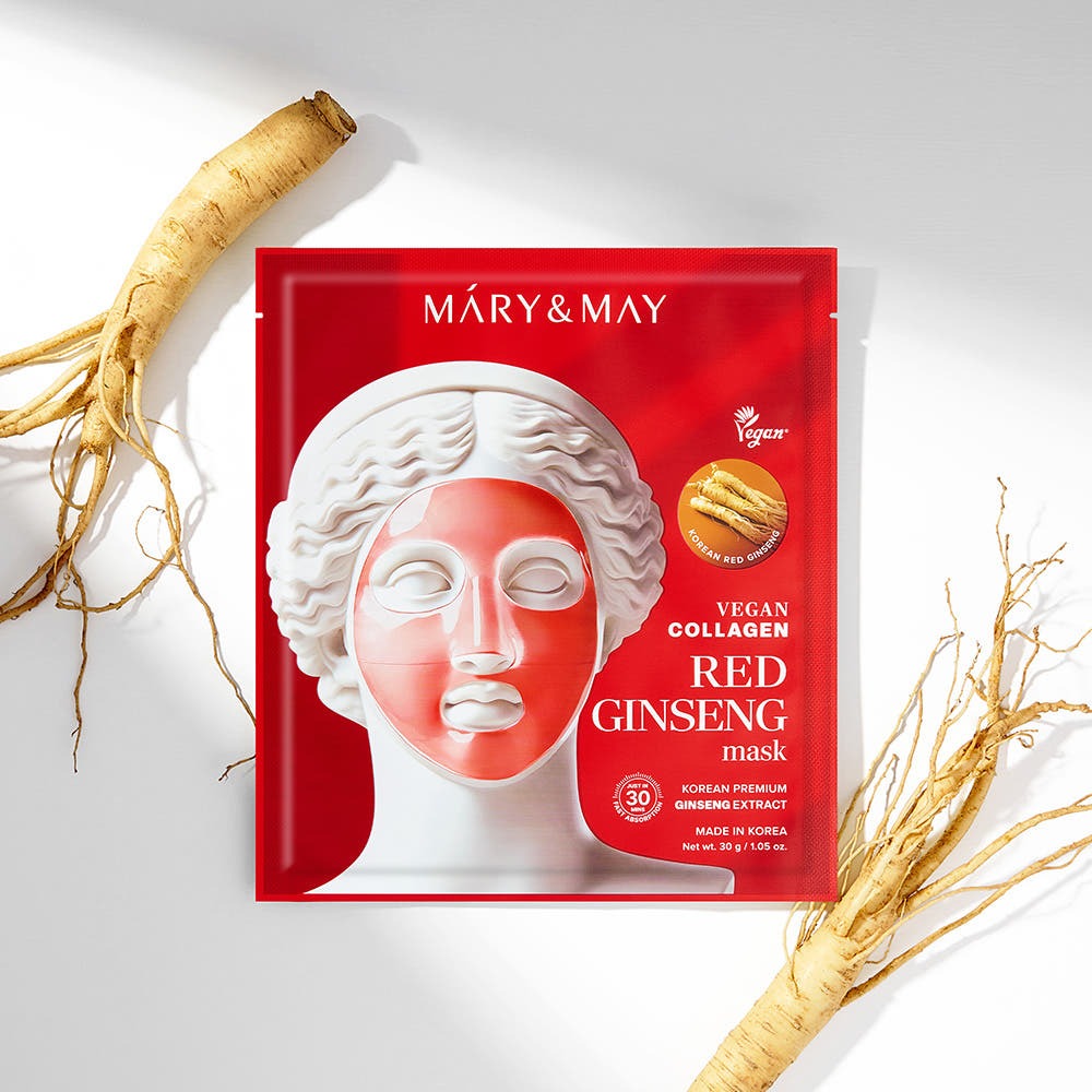 MARY&MAY Vegan Collagen Red Ginseng Gel Mask (4 sheets) sur fond blanc, avec ginseng et écorces, produit visage.