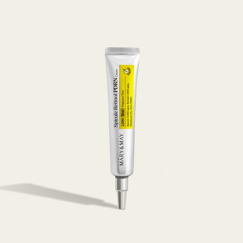 Crème MARY&MAY Speculum Retinol PDRN 15g dans un tube blanc avec étiquette jaune, soin anti-âge puissant