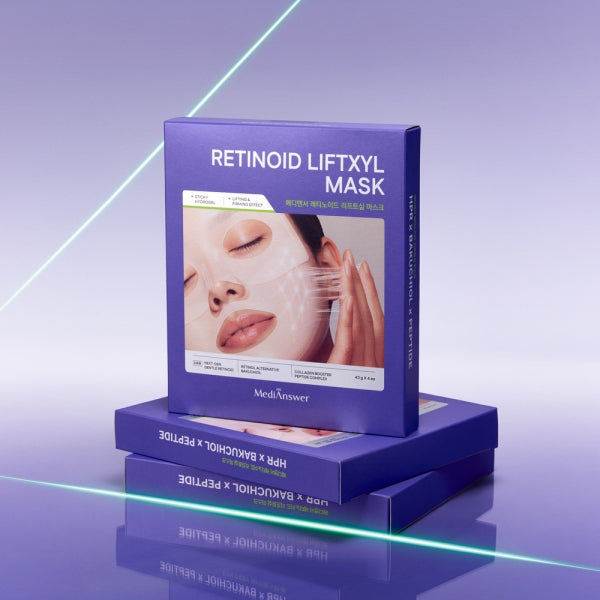 Boîte du MEDIANSWER Retinoid Liftsil Mask (4 sheets) avec illustration de masque facial sur fond violet.