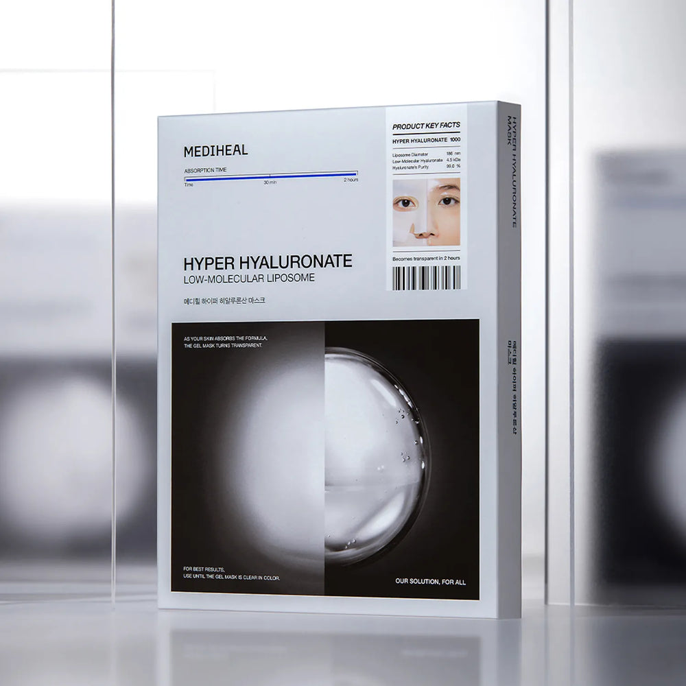 MEDIHEAL Hyper Collagen mask, boîte sur fond blanc, visuel beauté avec masque sur packaging