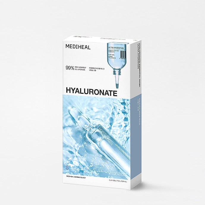MEDIHEAL N.1 Essential Masks x 10, boîte de masques hydratants HYALURONATE, fond blanc, face avant produit.