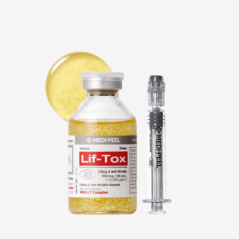 MEDIPEEL Leaf Tox Ampoule 35ml : flacon et ampoule sur fond clair, visuel produit beauté anti-âge