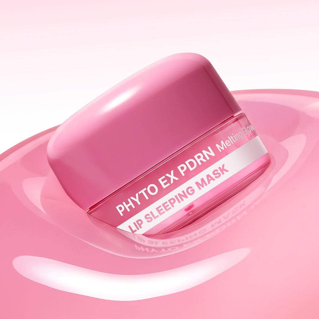 MEDIPEEL Phyto EX PDRN Melting Glow Lip Sleeping Mask 11g + Lip Brush, pot rose sur fond pastel, style maquillage