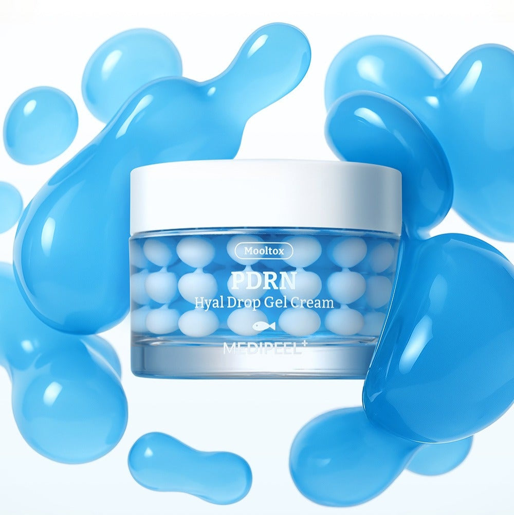 MEDIPEEL Water Tox PDRN Hyal Drop Gel Cream 50g, pot crème hydratante sur fond blanc, gel bleu illustratif.