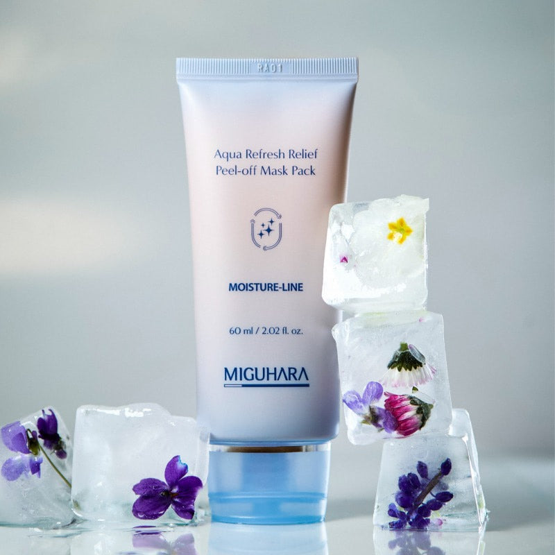 MIGUHARA Aqua Refresh Relief Peel Off Mask Pack 60ml de la marque MIGUHARA, gel au masque, avec fleurs violettes sur fond bleu clair.