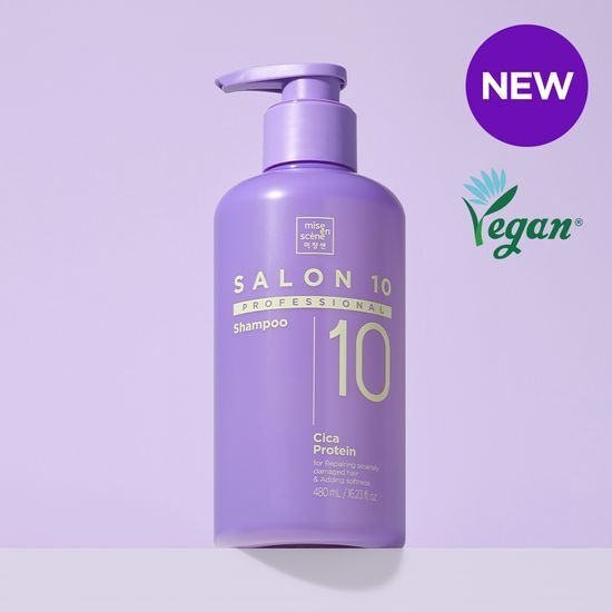 MISE EN SCENE Salon 10 Professional Cica Protein Shampoo 480ML, bouteille violette sur fond clair, marque MISE EN SCENE, Vegan NEW