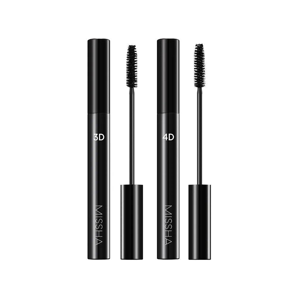 MISSHA Mascara 7g (3D/4D) : deux tubes noirs et brosses visibles sur fond clair, style produit maquillage.