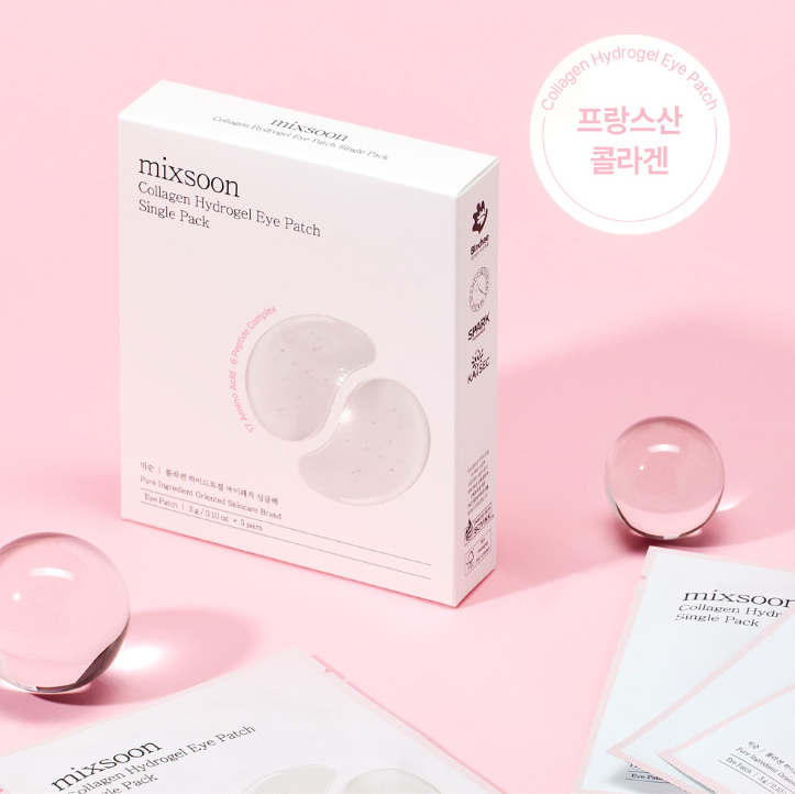 MIXSOON Collagen Hydrogel Eye Patch Single Pack 5 Sheets : boîte sur fond rose, patchs hydrogel sous bulle, marque MIXSOON.