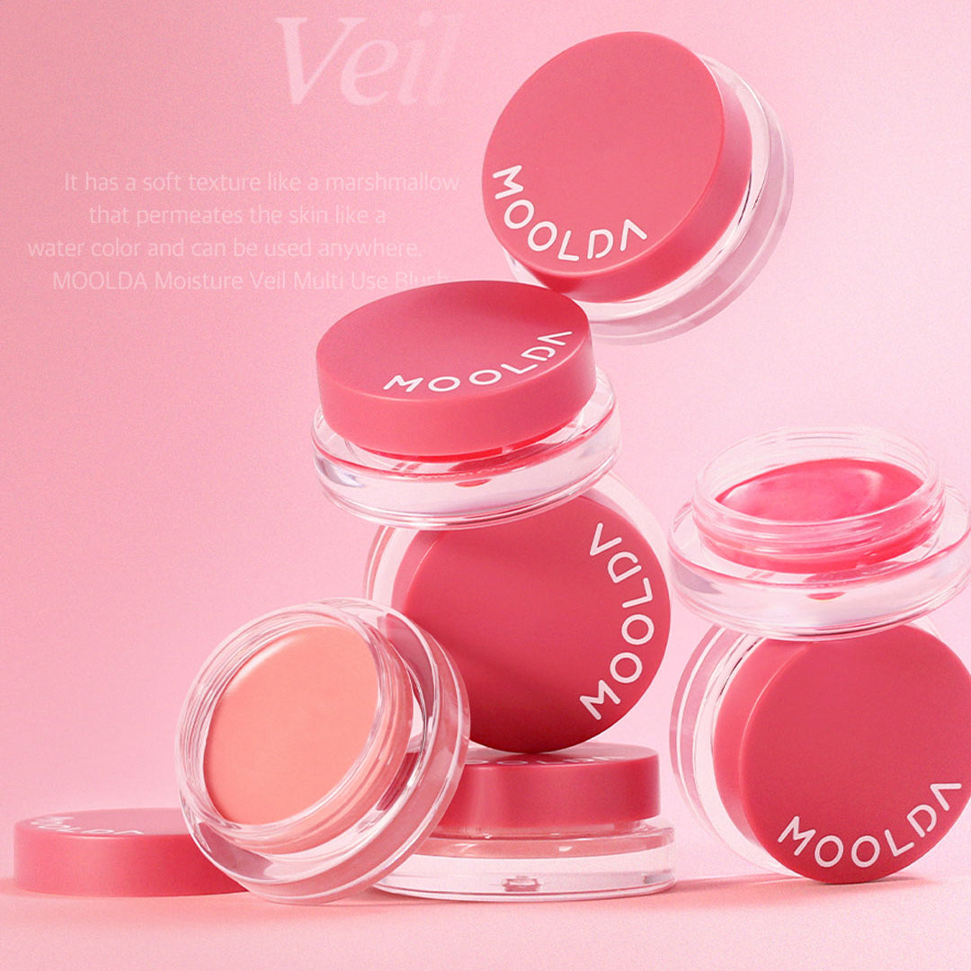 MOOLDA Water Moisture Veil Multi-Use Blusher, maquillage rosé dans des pots transparents, visuel aquarelle fond rose