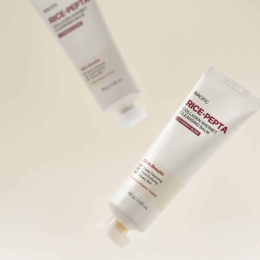 NACIFIC Rice Pepta Collagen Sherbet Cleansing Balm 80g, tube crème sur fond clair, contexte visuel produit marque NACIFIC