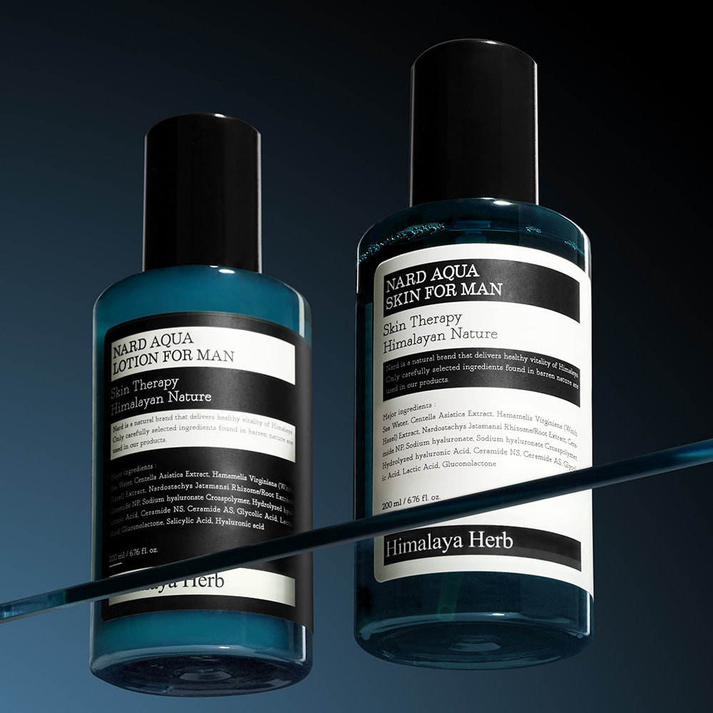NARD Aqua Skin Lotion 2 Pieces Set For Men 200ml, flacons bleus sur fond sombre, brand NARD, ambiance spa.