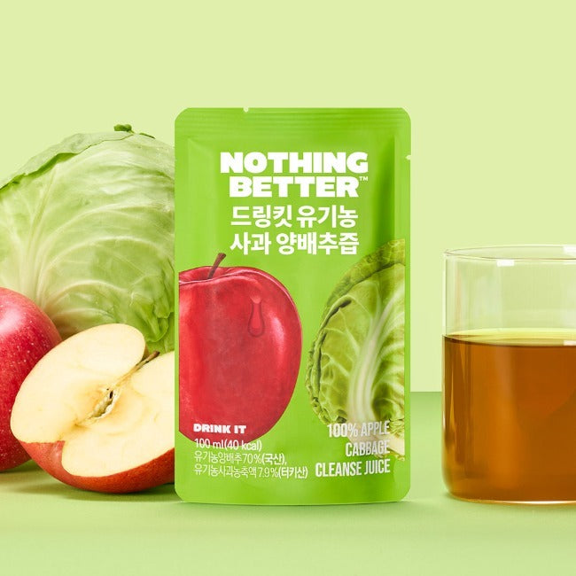 NOTHING BETTER Drinkit Organic Applr Cabbage Juice 100ml 24 Packets, marque sur sachet vert, jus au verre, pomme & chou