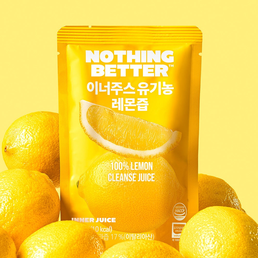 NOTHING BETTER Inner Juice 100% Lemon Cleanse Juice 100ml (X24) : sachet jaune et citrons, fond jaune, produit en pack