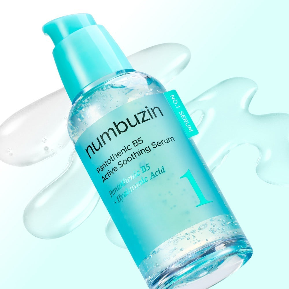 NUMBUZIN No.1 Pantothenic Acid Active Up Soothing Serum 50ml, flacon bleu sur fond clair, en contexte visuel cosmétique.