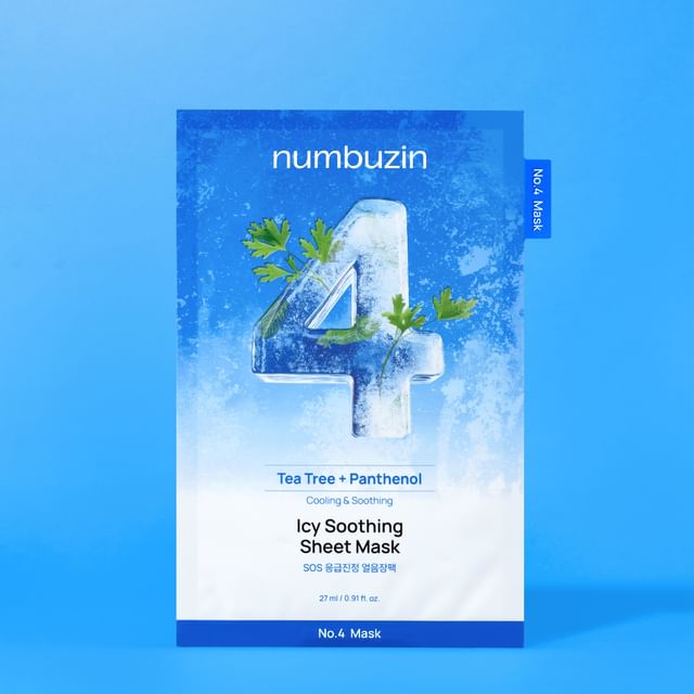 NUMBUZIN No.4 Icy Soothing Sheet Mask 27ml par numbuza, masque feuille sur fond bleu, effet apaisant frais.