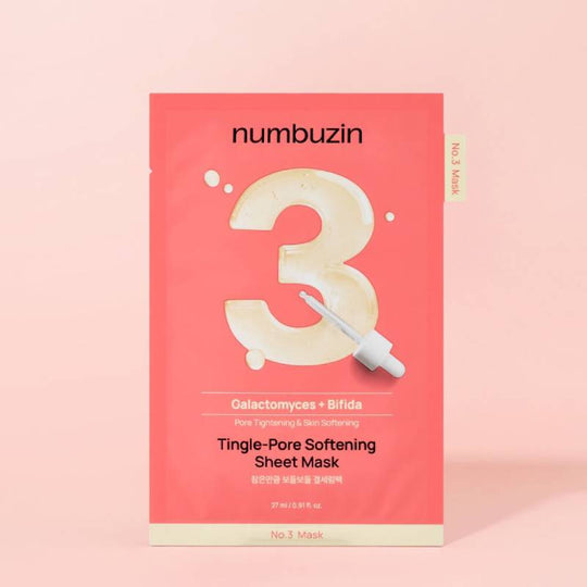 NUMBUZIN Tingle-Pore Softening Sheet Mask 27ml, masque en tissu NUMBUZIN sur fond rose, emballage visible.
