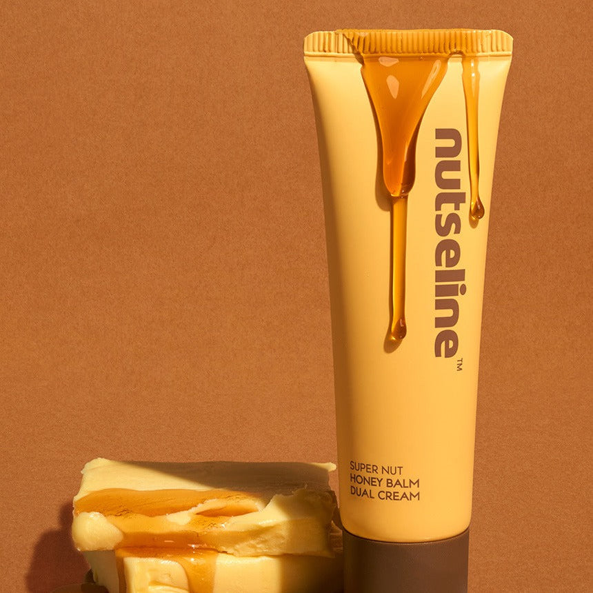 NUTSELINE Super Nut Honey Balm Dual Cream 60ml, tube crème miel et extrait noisette sur fond beige, visuel produit