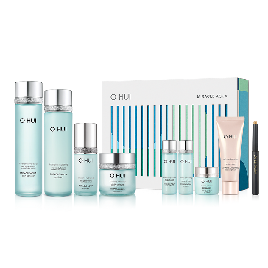OHUI Miracle Aqua Set (Skin Softener, Emulsion, Essence, Gel Cream, Hyaluronic Water Patch)