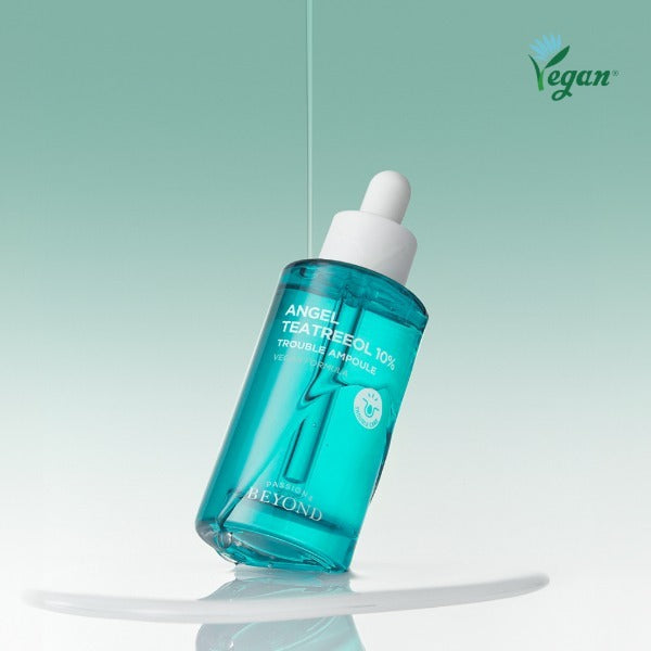 PASSION & BEYOND Angel Tea Tree 10% Trouble Ampoule 50ml, marque sur flacon bleu, fond vert, produit soin visage